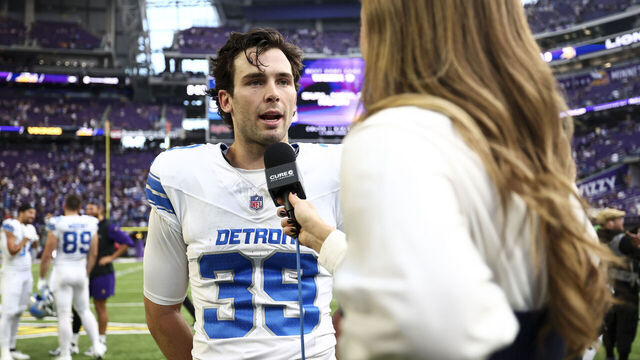 MINNEAPOLIS, MINNESOTA - OCTOBER 20: Jake Bates #39 of the Detroit Lions does an interview after an NFL football game against the Minnesota Vikings at U.S. Bank Stadium on October 20, 2024 in Minneapolis, MN.