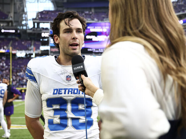 MINNEAPOLIS, MINNESOTA - OCTOBER 20: Jake Bates #39 of the Detroit Lions does an interview after an NFL football game against the Minnesota Vikings at U.S. Bank Stadium on October 20, 2024 in Minneapolis, MN.