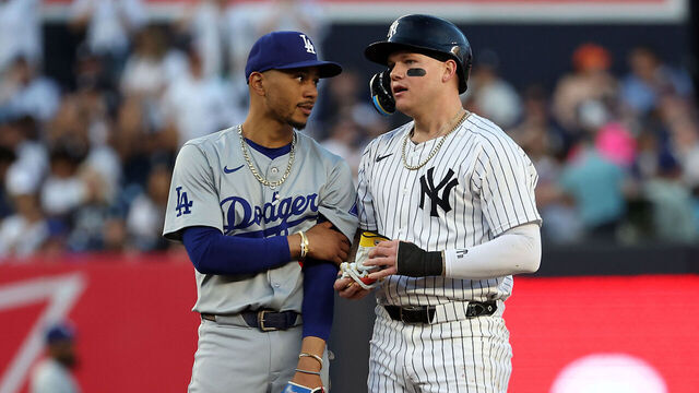 NEW YORK, NY - JUNE 9: Mookie Betts #50 of the Los Angeles Dodgers and Alex Verdugo #24 of the New York Yankees talk during the game at Yankee Stadium on June 9, 2024, in New York, New York.