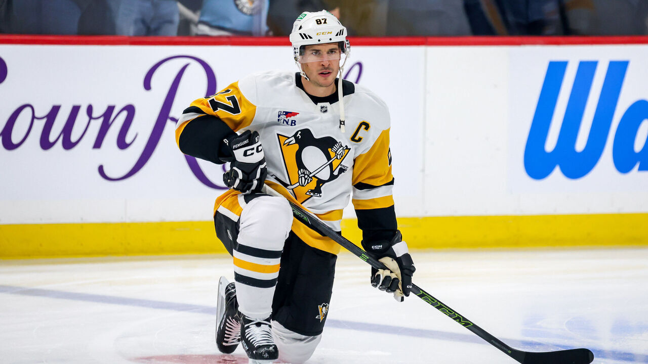 WINNIPEG, CANADA - OCTOBER 20: Sidney Crosby #87 of the Pittsburgh Penguins takes part in the pre-game warm up prior to NHL action against the Winnipeg Jets at the Canada Life Centre on October 20, 2024 in Winnipeg, Manitoba, Canada.