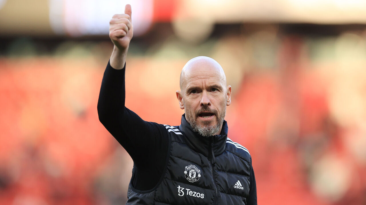 MANCHESTER, ENGLAND - OCTOBER 19: Manchester United manager Erik ten Hag gives the thumbs-up after the Premier League match between Manchester United FC and Brentford FC at Old Trafford on October 19, 2024 in Manchester, England.