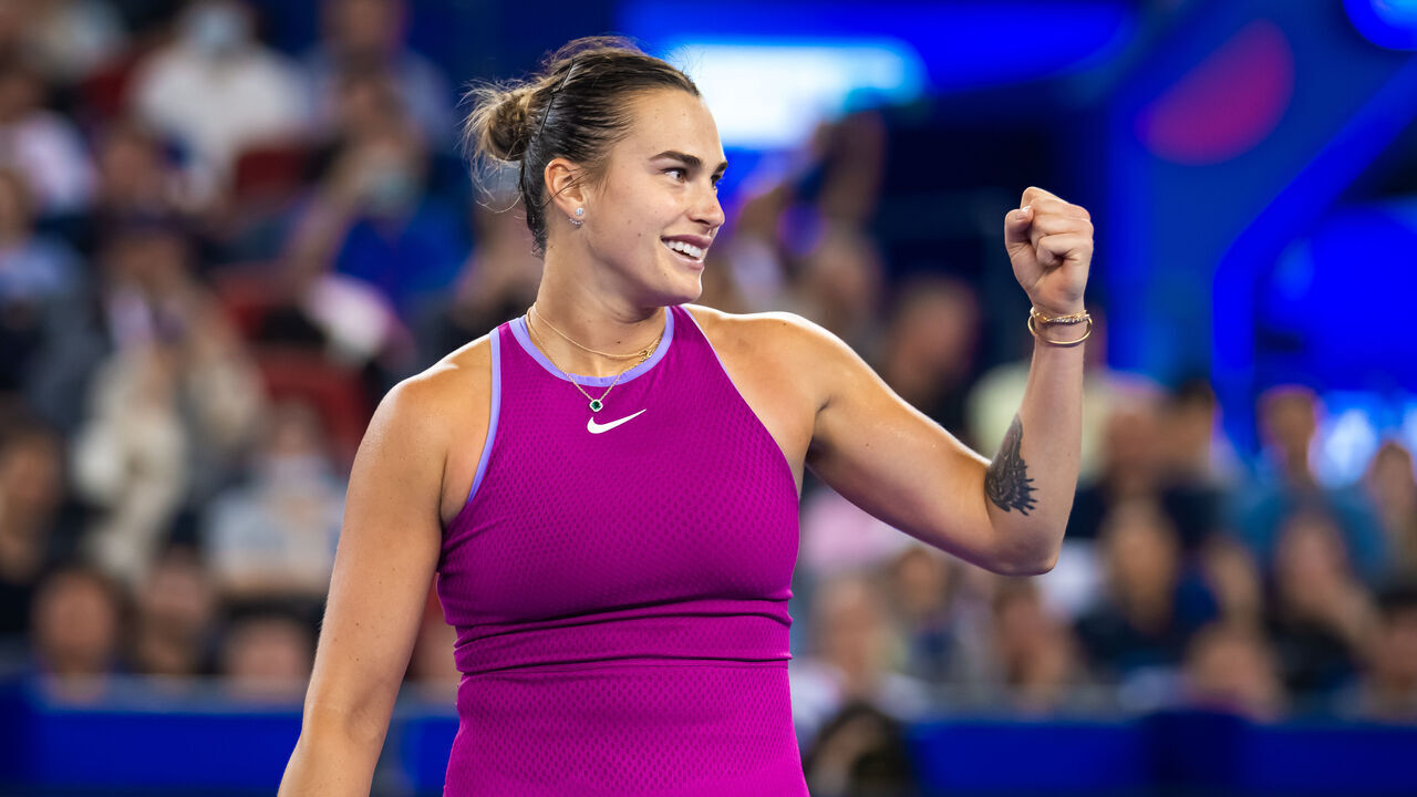 WUHAN, CHINA - OCTOBER 13: Aryna Sabalenka reacts while playing against Qinwen Zheng of China in the singles final on Day 9 of the Dongfeng Voyah Wuhan Open at Optics Valley International Tennis Center on October 13, 2024 in Wuhan, China