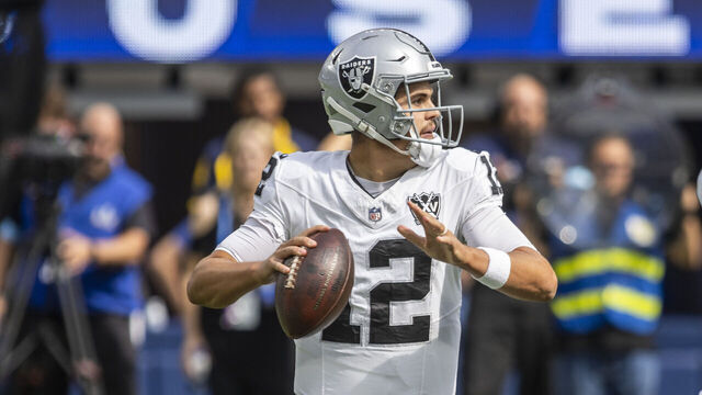 INGLEWOOD, CA - OCTOBER 20: Las Vegas Raiders quarterback Aidan O'Connell (12) throws a pass in the first half of an NFL football game between the Las Vegas Raiders and Los Angeles Rams at SoFi Stadium, October 20, 2024, in Inglewood, California.