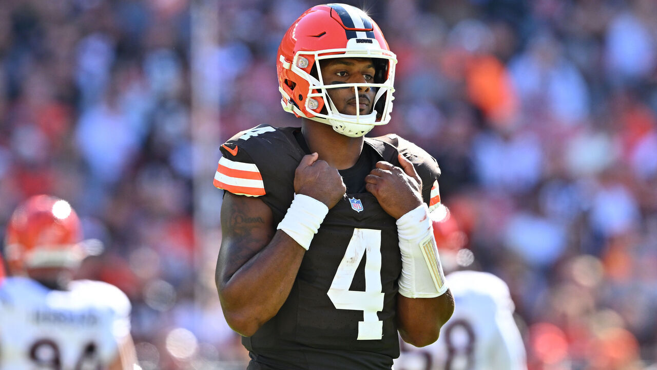 CLEVELAND, OHIO - OCTOBER 20: Deshaun Watson #4 of the Cleveland Browns looks on during the second quarter of a game against the Cincinnati Bengals at Huntington Bank Field on October 20, 2024 in Cleveland, Ohio.