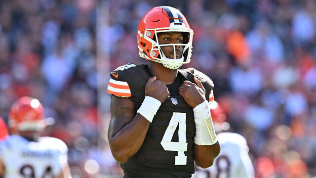 CLEVELAND, OHIO - OCTOBER 20: Deshaun Watson #4 of the Cleveland Browns looks on during the second quarter of a game against the Cincinnati Bengals at Huntington Bank Field on October 20, 2024 in Cleveland, Ohio.