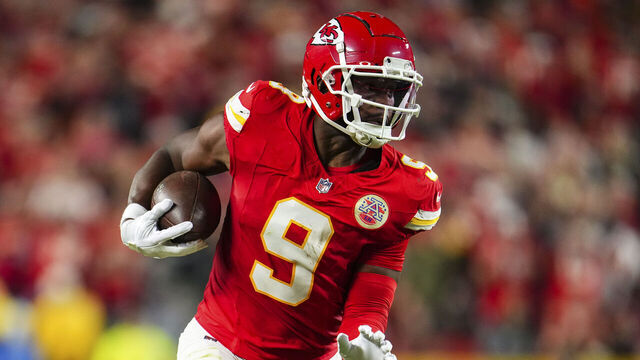 KANSAS CITY, MO - OCTOBER 07: JuJu Smith-Schuster #9 of the Kansas City Chiefs runs the ball during an NFL football game against the New Orleans Saints at GEHA Field at Arrowhead Stadium on October 7, 2024 in Kansas City, Missouri.