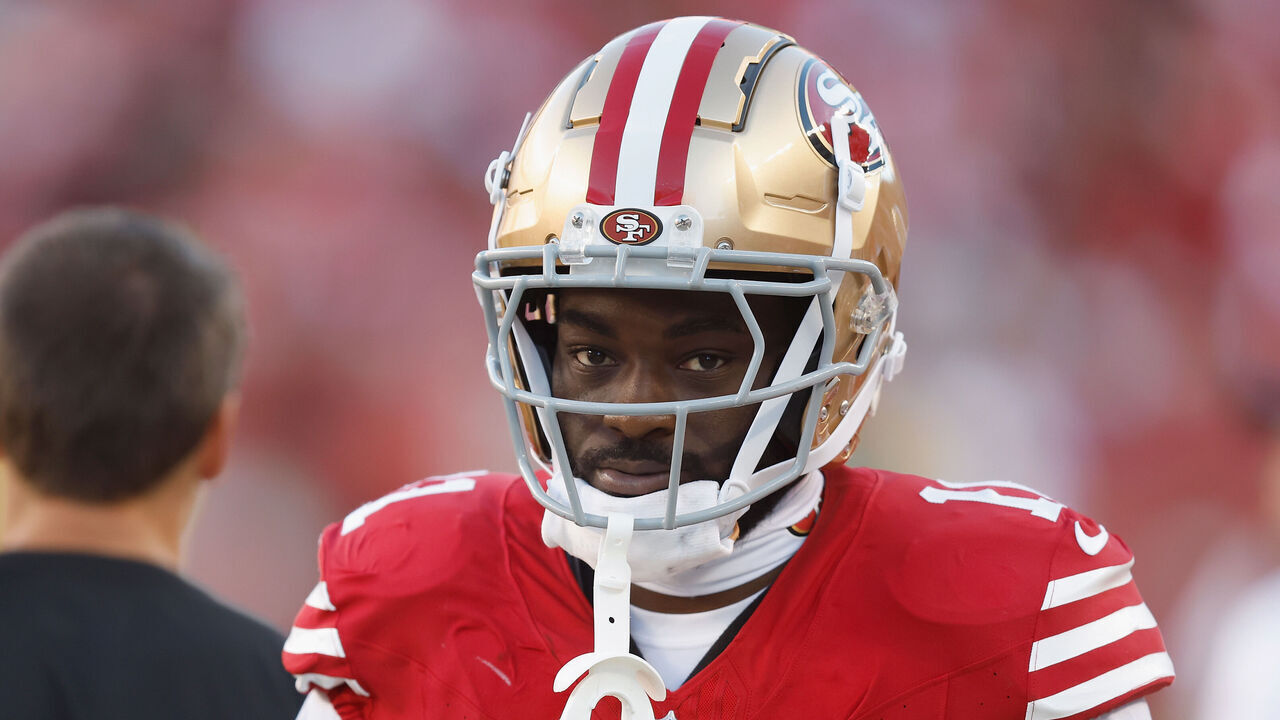 SANTA CLARA, CALIFORNIA - SEPTEMBER 09: Brandon Aiyuk #11 of the San Francisco 49ers looks on from the sideline against the New York Jets at Levi's Stadium on September 09, 2024 in Santa Clara, California.