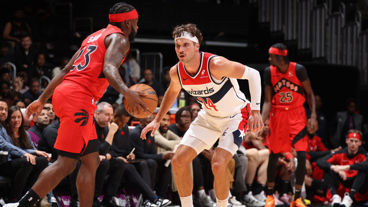 WASHINGTON, DC - OCTOBER 11: Corey Kispert #24 of the Washington Wizards plays defense during the game against the Toronto Raptors during a NBA preseason game on October 11, 2024 at Capital One Arena in Washington, DC. Mandatory Copyright Notice: Copyright 2024 NBAE