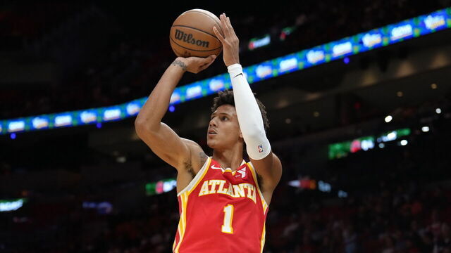 MIAMI, FL - OCTOBER 16: Jalen Johnson #1 of the Atlanta Hawks shoots the ball during the game against the Miami Heat during a preseason game on October 16, 2024 at Kaseya Center in Miami, Florida. Mandatory Copyright Notice: Copyright 2024 NBAE
