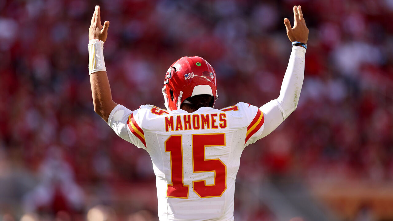 SANTA CLARA, CALIFORNIA - OCTOBER 20: Patrick Mahomes #15 of the Kansas City Chiefs reacts after the Chiefs scored a touchdown against the San Francisco 49ers at Levi's Stadium on October 20, 2024 in Santa Clara, California.