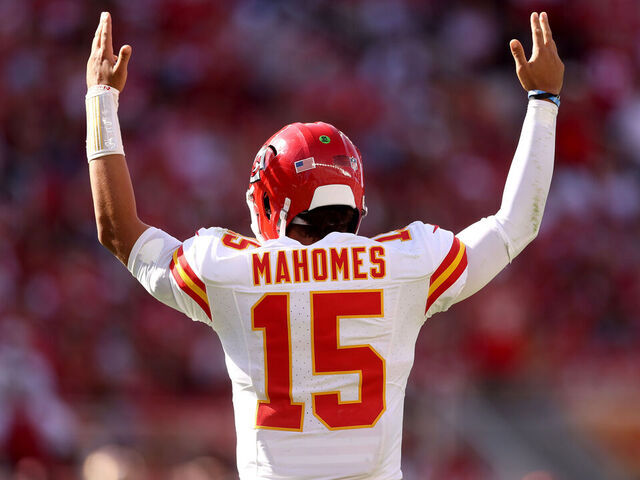 SANTA CLARA, CALIFORNIA - OCTOBER 20: Patrick Mahomes #15 of the Kansas City Chiefs reacts after the Chiefs scored a touchdown against the San Francisco 49ers at Levi's Stadium on October 20, 2024 in Santa Clara, California.