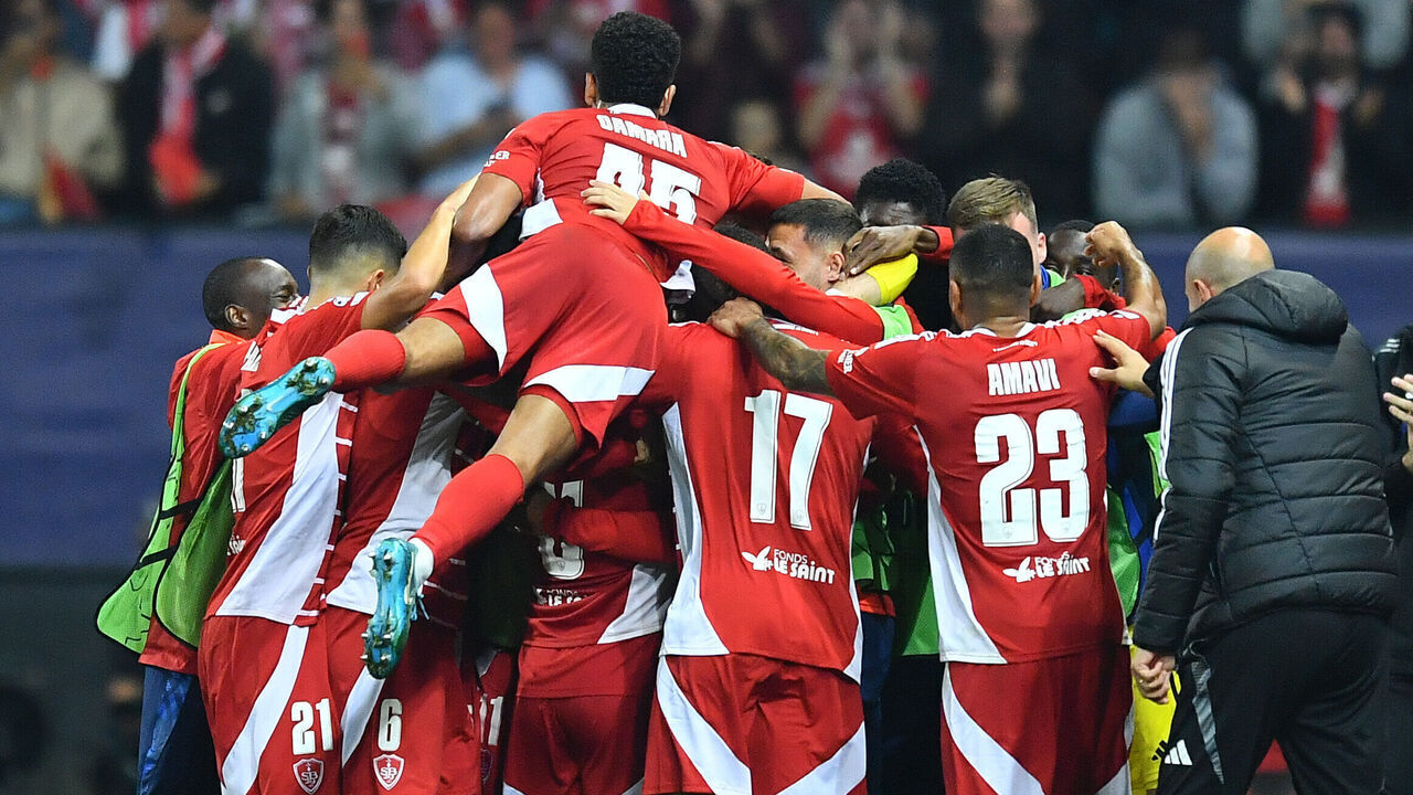 GUINGAMP, FRANCE - SEPTEMBER 19: Hugo Magnetti of Brest (obscured) celebrates with teammates after scoring his team's first goal during the UEFA Champions League 2024/25 League Phase MD1 match between Stade Brestois 29 and SK Sturm Graz at Stade du Roudourou on September 19, 2024 in Guingamp, France.