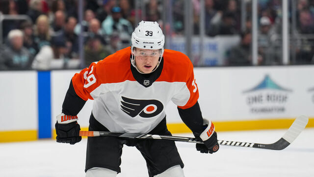 SEATTLE, WASHINGTON - OCTOBER 17: Matvei Michkov #39 of the Philadelphia Flyers looks on during the second period of a game against the Seattle Kraken at Climate Pledge Arena on October 17, 2024 in Seattle, Washington.