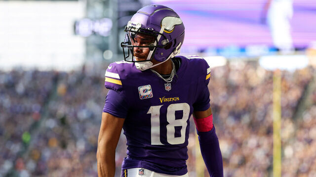 MINNEAPOLIS, MINNESOTA - OCTOBER 20: Justin Jefferson #18 of the Minnesota Vikings celebrates his touchdown against the Detroit Lions in the third quarter at U.S. Bank Stadium on October 20, 2024 in Minneapolis, Minnesota. The Lions defeated the Vikings 31-29.