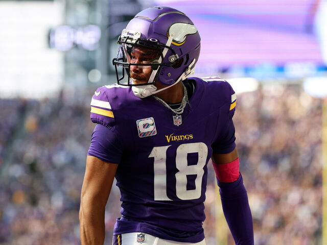 MINNEAPOLIS, MINNESOTA - OCTOBER 20: Justin Jefferson #18 of the Minnesota Vikings celebrates his touchdown against the Detroit Lions in the third quarter at U.S. Bank Stadium on October 20, 2024 in Minneapolis, Minnesota. The Lions defeated the Vikings 31-29.