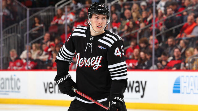 NEWARK, NJ - APRIL 07: Luke Hughes #43 of the New Jersey Devils skates in the second period of the game against the Nashville Predators at the Prudential Center on April 7, 2024 in Newark, New Jersey.