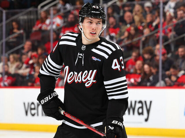 NEWARK, NJ - APRIL 07: Luke Hughes #43 of the New Jersey Devils skates in the second period of the game against the Nashville Predators at the Prudential Center on April 7, 2024 in Newark, New Jersey.