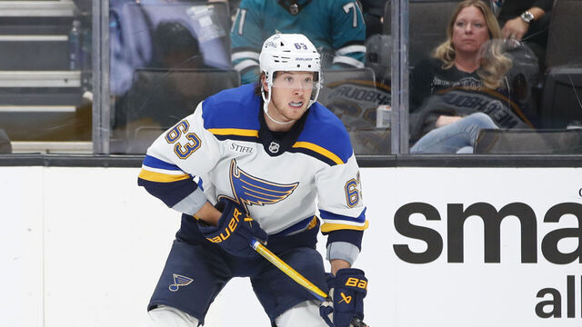 SAN JOSE, CA - OCTOBER 10: St. Louis Blues left wing Jake Neighbours (63) during the NHL game between the St. Louis Blues and the San Jose Sharks on October 10, 2024 at the SAP Center in San Jose, CA.
