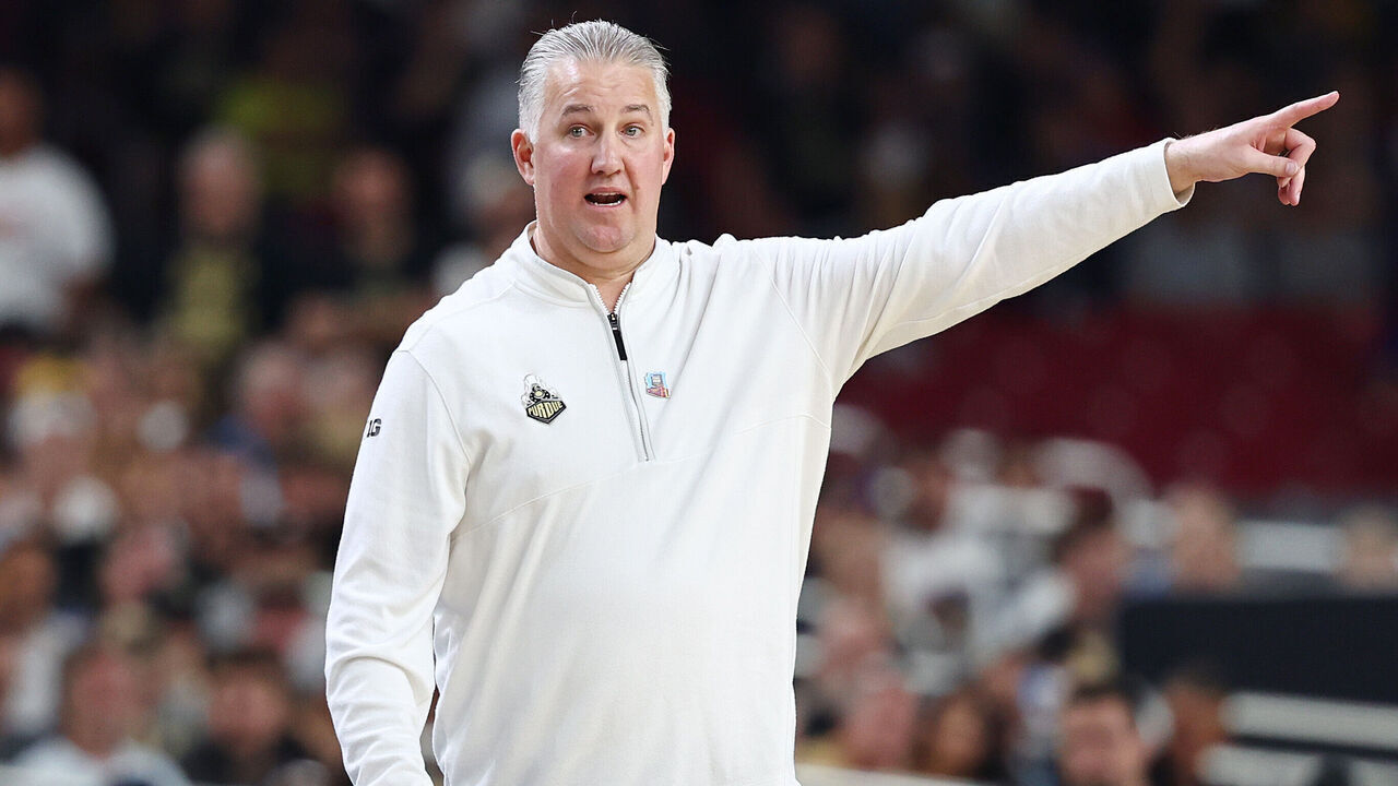 GLENDALE, ARIZONA - APRIL 08: Head coach Matt Painter of the Purdue Boilermakers reacts against the Connecticut Huskies during the first half in the NCAA Men's Basketball Tournament National Championship game at State Farm Stadium on April 08, 2024 in Glendale, Arizona.