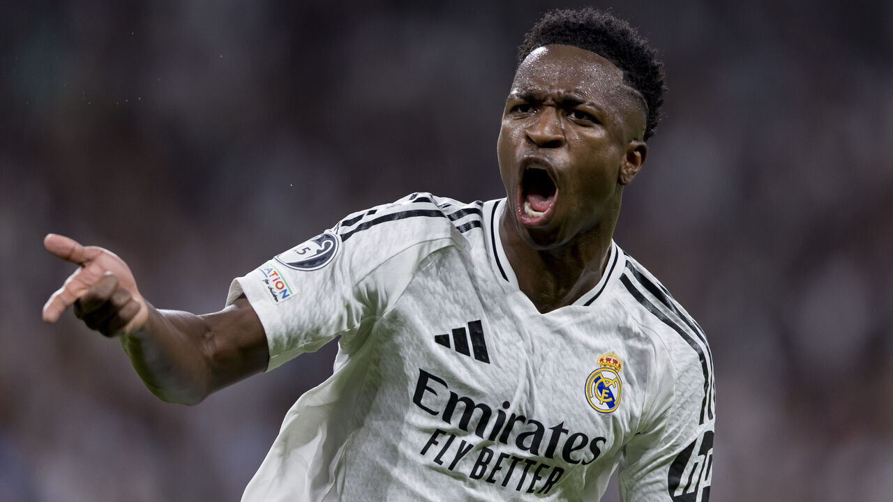 Madrid, Spain - October 22: Vinicius Junior of Real Madrid celebrates after scoring his team's second goal during the UEFA Champions League 2024/25 League Phase MD3 match between Real Madrid C.F. and Borussia Dortmund at Estadio Santiago Bernabéu on October 22, 2024 in Madrid, Spain.