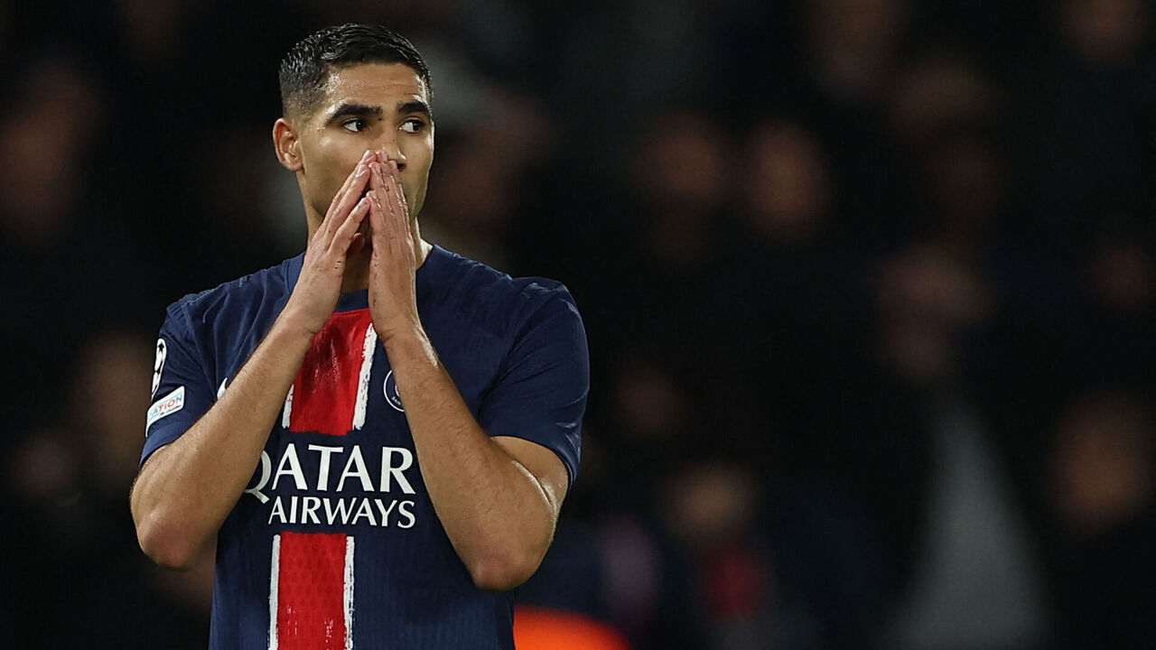 Paris Saint-Germain's Moroccan midfielder #02 Achraf Hakimi reacts during the UEFA Champions League, League phase - Matchday 3, football match between Paris Saint-Germain (PSG) and PSV Eindhoven at the Parc des Princes Stadium in Paris, on October 22, 2024.