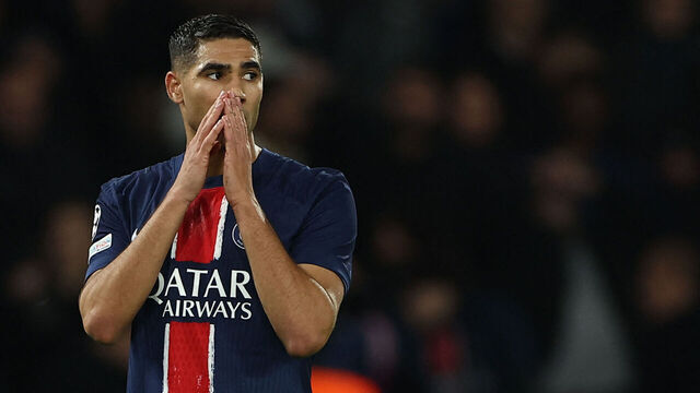 Paris Saint-Germain's Moroccan midfielder #02 Achraf Hakimi reacts during the UEFA Champions League, League phase - Matchday 3, football match between Paris Saint-Germain (PSG) and PSV Eindhoven at the Parc des Princes Stadium in Paris, on October 22, 2024.