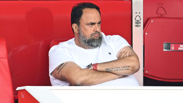 NOTTINGHAM, ENGLAND - AUGUST 17: Evangelos Marinakis, Owner of Nottingham Forest, looks on during the Premier League match between Nottingham Forest FC and AFC Bournemouth at City Ground on August 17, 2024 in Nottingham, England.