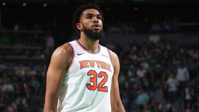 BOSTON, MA - OCTOBER 22: Karl-Anthony Towns #32 of the New York Knicks prepares to shoot a free throw during the game against the Boston Celtics on October 22, 2024 at TD Garden in Boston, Massachusetts. Mandatory Copyright Notice: Copyright 2024 NBAE