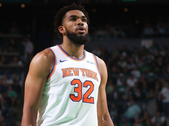 BOSTON, MA - OCTOBER 22: Karl-Anthony Towns #32 of the New York Knicks prepares to shoot a free throw during the game against the Boston Celtics on October 22, 2024 at TD Garden in Boston, Massachusetts. Mandatory Copyright Notice: Copyright 2024 NBAE