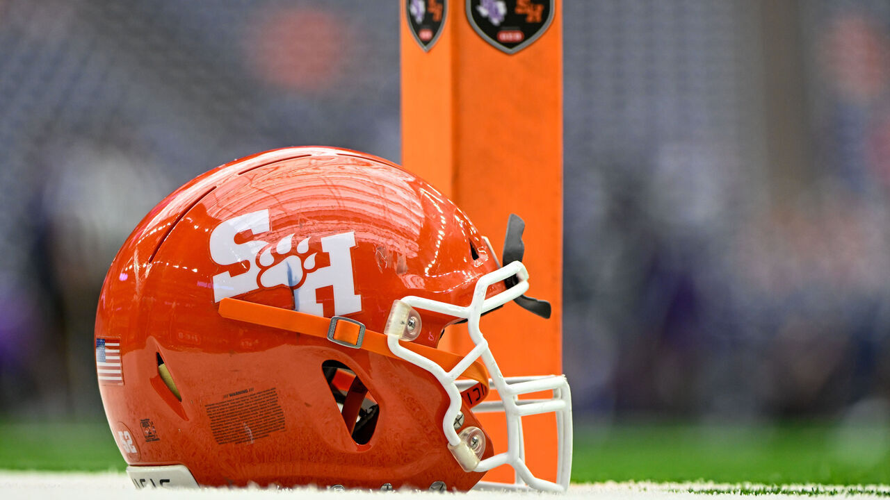HOUSTON, TX - OCTOBER 01: A Sam Houston helmet sits near the Piney Woods pylon in the endzone before the football game between the Sam Houston Bearkats and Stephen F. Austin Lumberjacks at NRG Stadium on October 1, 2022 in Houston, TX.