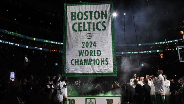 BOSTON, MA - OCTOBER 22: The Boston Celtics raise the 2024 Championship banner before the game against the New York Knicks on October 22, 2024 at TD Garden in Boston, Massachusetts. NOTE TO USER: User expressly acknowledges and agrees that, by downloading and/or using this Photograph, user is consenting to the terms and conditions of the Getty Images License Agreement. Mandatory Copyright Notice: Copyright 2024 NBAE