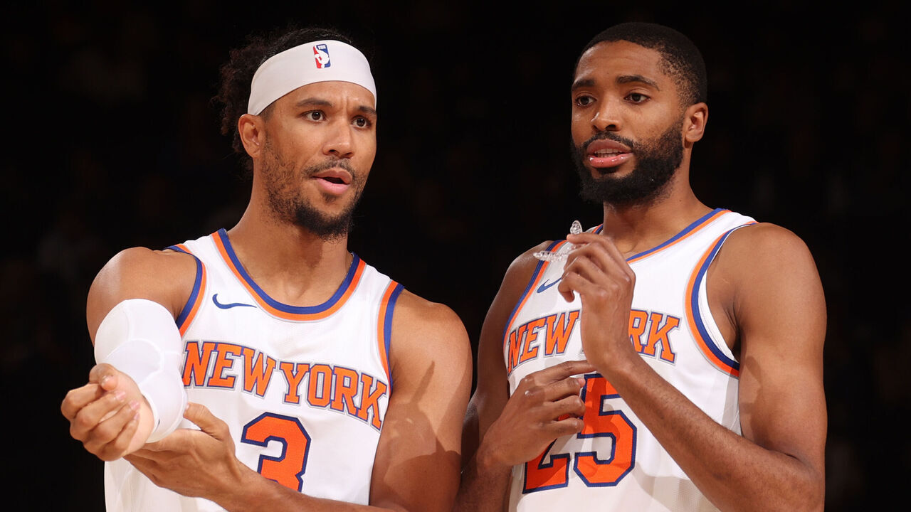 NEW YORK, NY - OCTOBER 9: Josh Hart #3 and Mikal Bridges #25 of the New York Knicks talk during the game against the Washington Wizards during the 2024 NBA Preseason on October 9, 2024 at Madison Square Garden in New York City, New York. Mandatory Copyright Notice: Copyright 2024 NBAE