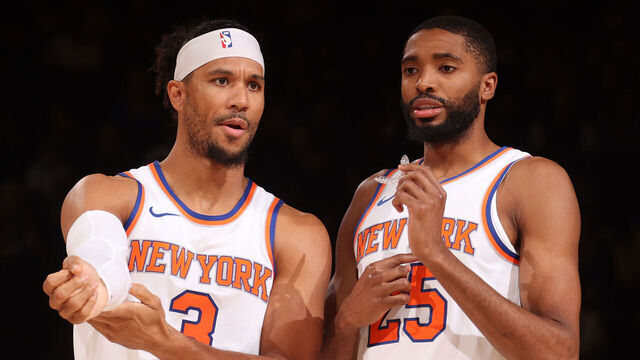 NEW YORK, NY - OCTOBER 9: Josh Hart #3 and Mikal Bridges #25 of the New York Knicks talk during the game against the Washington Wizards during the 2024 NBA Preseason on October 9, 2024 at Madison Square Garden in New York City, New York. Mandatory Copyright Notice: Copyright 2024 NBAE