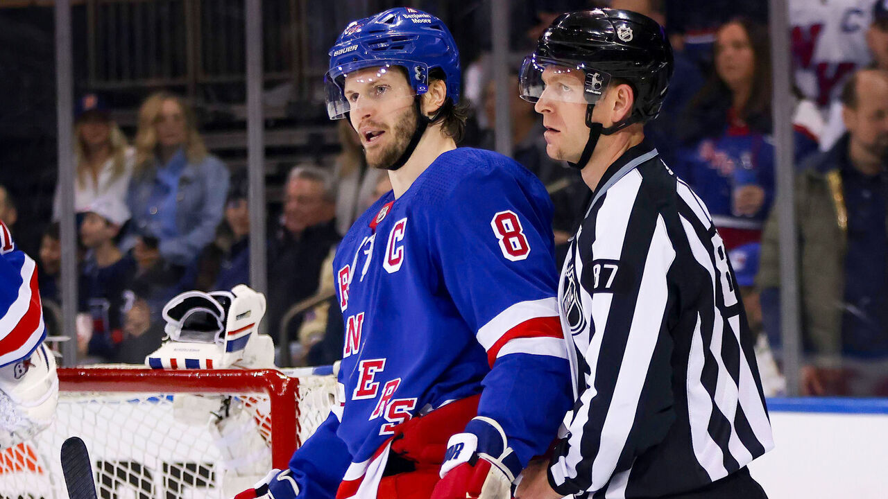 NEW YORK, NY - MAY 05: New York Rangers Defenseman Jacob Trouba (8) is called for roughing during the first period of the National Hockey League Stanley Cup Playoffs Eastern Conference Second Round game between the Carolina Hurricanes and the New York Rangers on May 5, 2024 at Madison Square Garden in New York, NY.