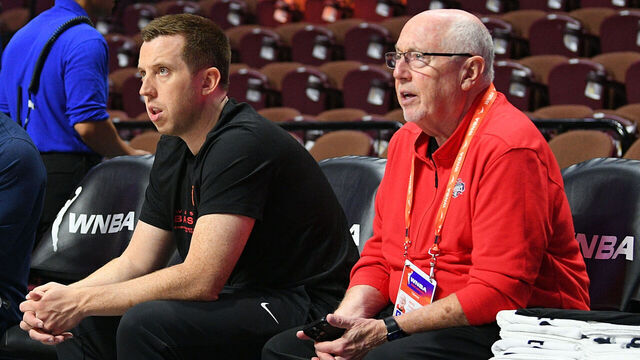 UNCASVILLE, CT - JULY 09: Washington Mystics head coach Eric Thibault (left) and Washington Mystics general manager Mike Thibault (right) watch shootaround before a WNBA game between the Washington Mystics and the Connecticut Sun on July 9, 2023, at Mohegan Sun Arena in Uncasville, CT.