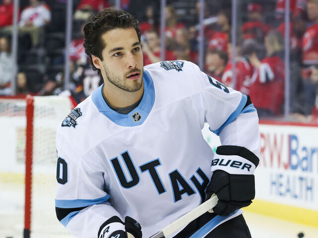 NEWARK, NJ - OCTOBER 14: Utah Hockey Club defenseman Sean Durzi (50) warms up before a game between the Utah Hockey Club and New Jersey Devils on October 14, 2024 at Prudential Center in Newark, New Jersey.