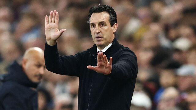 Aston Villa's Spanish head coach Unai Emery reacts during the UEFA Champions League football match between Aston Villa and Bologna at Villa Park in Birmingham, central England on October 22, 2024.