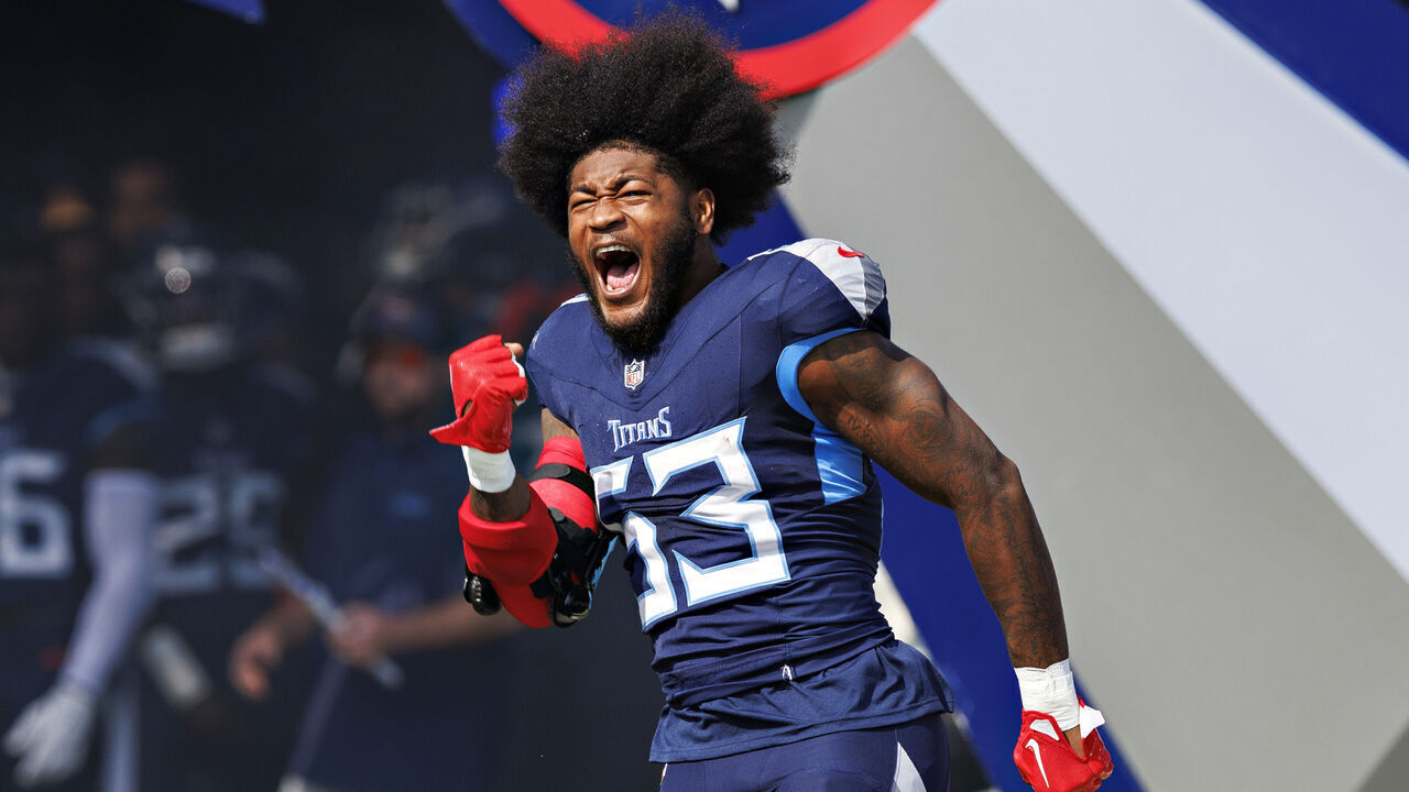 NASHVILLE, TENNESSEE - OCTOBER 13: Ernest Jones IV #53 of the Tennessee Titans runs onto the field during introductions before the game against the Indianapolis Colts at Nissan Stadium on October 13, 2024 in Nashville, Tennessee. The Colts defeated the Titans 20-17.