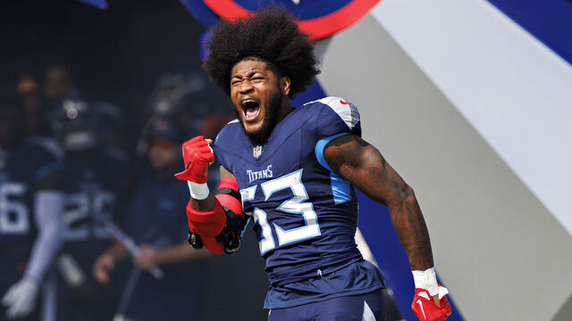 NASHVILLE, TENNESSEE - OCTOBER 13: Ernest Jones IV #53 of the Tennessee Titans runs onto the field during introductions before the game against the Indianapolis Colts at Nissan Stadium on October 13, 2024 in Nashville, Tennessee. The Colts defeated the Titans 20-17.