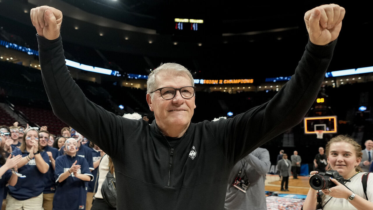 PORTLAND, OREGON - APRIL 01: Head coach Geno Auriemma of the Connecticut Huskies celebrates after his team's 80-73 win against the USC Trojans in the Elite 8 round of the NCAA Women's Basketball Tournament at Moda Center on April 01, 2024 in Portland, Oregon.