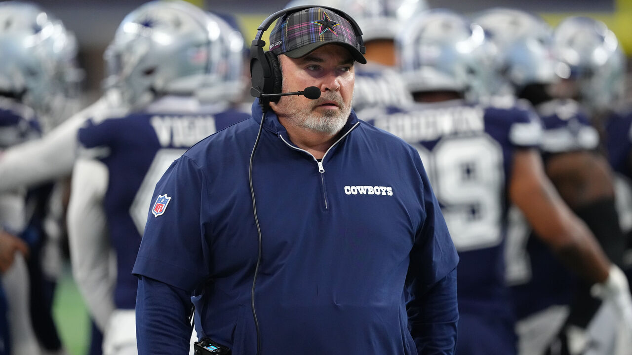 ARLINGTON, TEXAS - OCTOBER 13: Dallas Cowboys head coach Mike McCarthy looks on during the first half of a game against the Detroit Lions at AT&T Stadium on October 13, 2024 in Arlington, Texas.