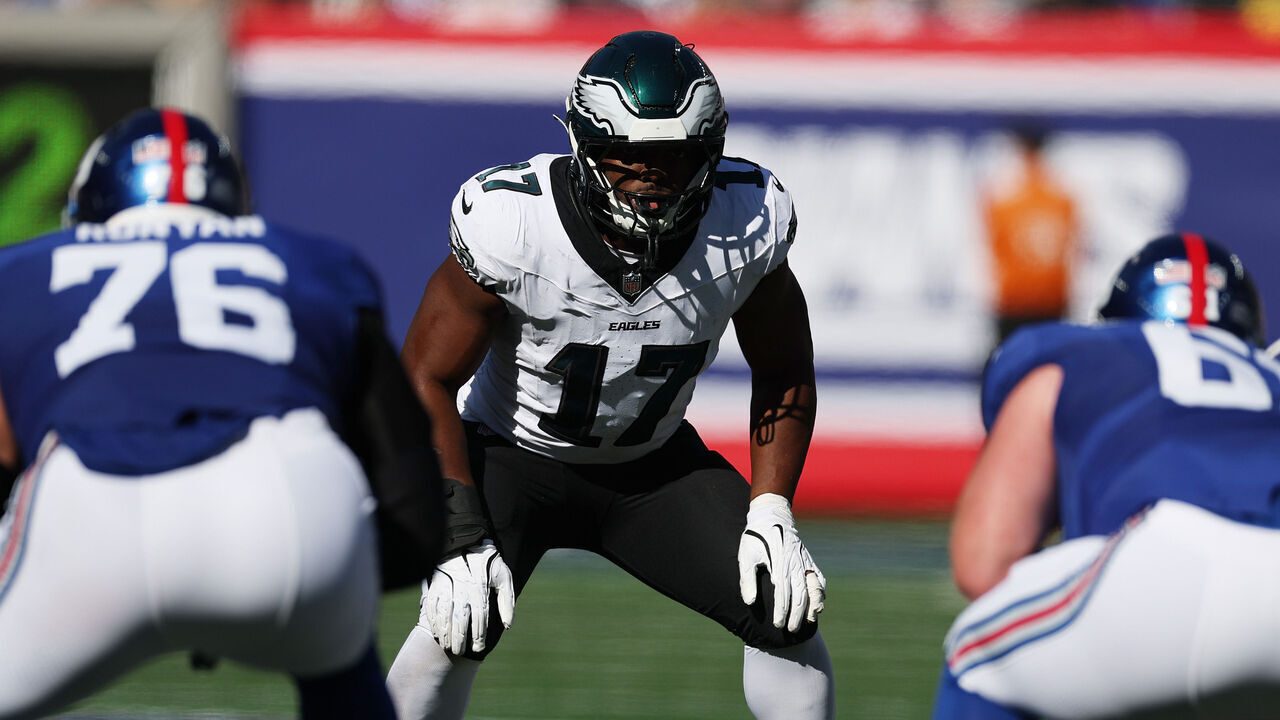 EAST RUTHERFORD, NEW JERSEY - OCTOBER 20: Nakobe Dean #17 of the Philadelphia Eagles in action against the new York Giants during their game at MetLife Stadium on October 20, 2024 in East Rutherford, New Jersey.