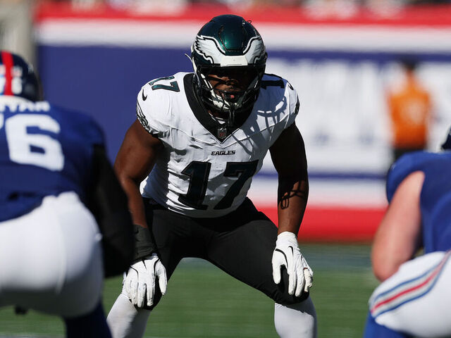 EAST RUTHERFORD, NEW JERSEY - OCTOBER 20: Nakobe Dean #17 of the Philadelphia Eagles in action against the new York Giants during their game at MetLife Stadium on October 20, 2024 in East Rutherford, New Jersey.