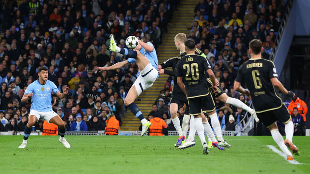 MANCHESTER, ENGLAND - OCTOBER 23: Erling Haaland of Manchester City scores their second goal during the UEFA Champions League 2024/25 League Phase MD3 match between Manchester City and AC Sparta Praha at City of Manchester Stadium on October 23, 2024 in Manchester, England.