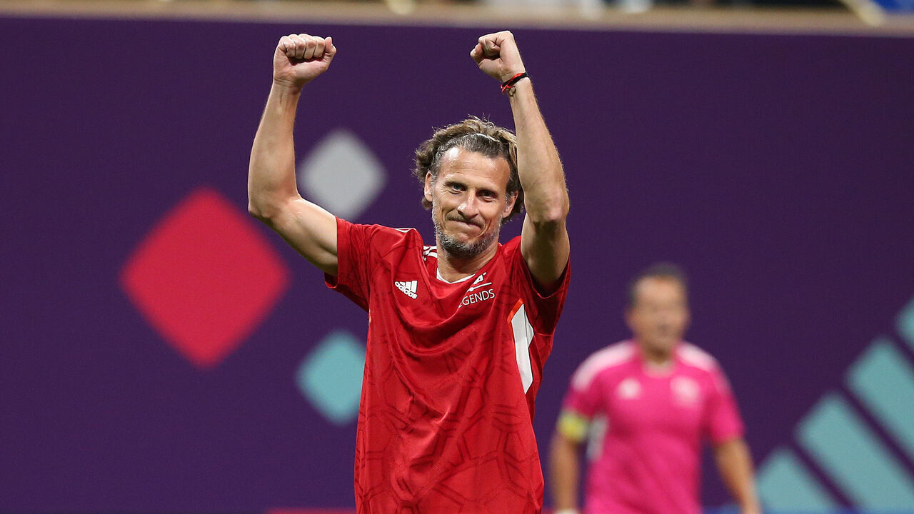 DOHA, QATAR - DECEMBER 16: Diego Forlan of South American Panthers celebrates during day 2 of the FIFA Legends Cup at Khalifa International Tennis and Squash Complex on December 16, 2022 in Doha, Qatar.