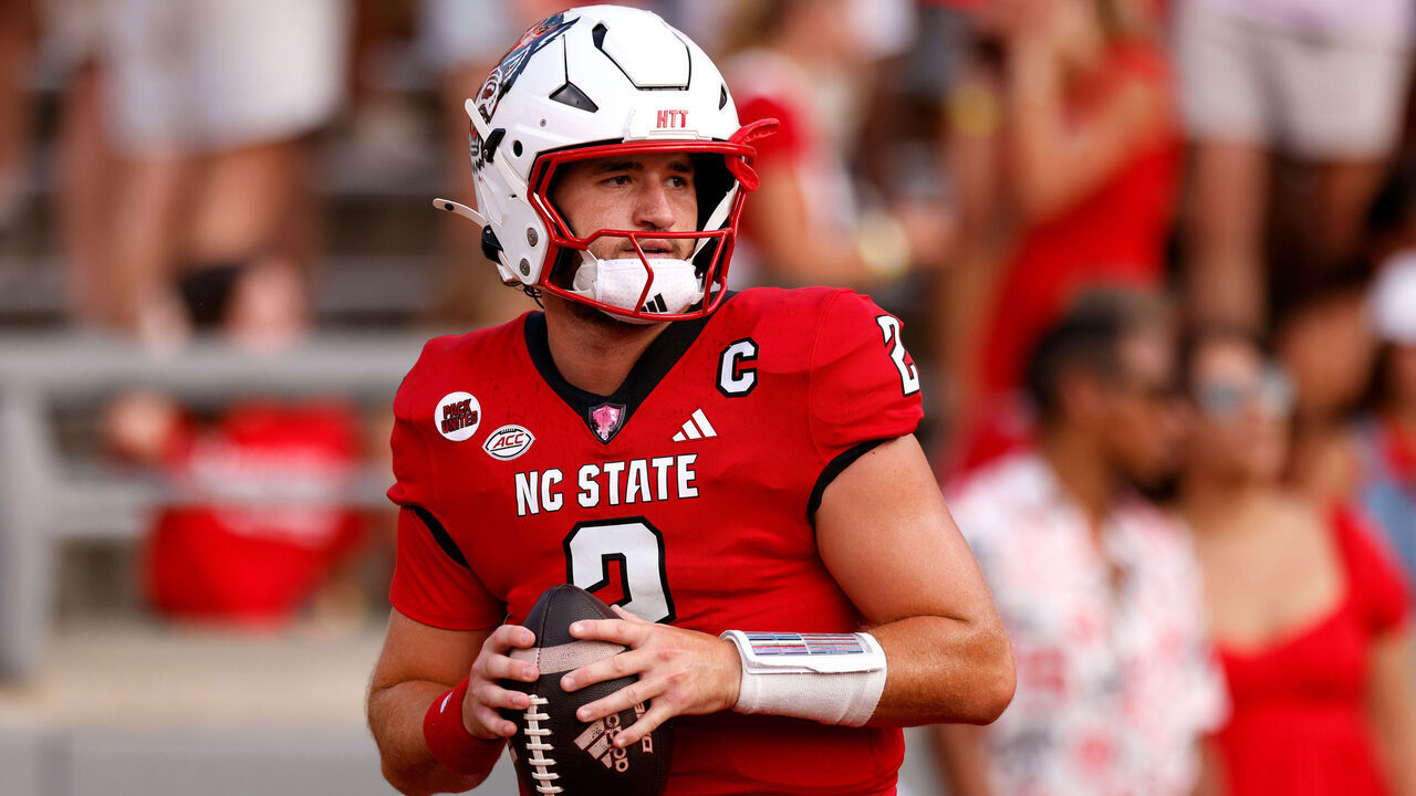 RALEIGH, NORTH CAROLINA - AUGUST 29: Grayson McCall #2 of the NC State Wolfpack warms up prior to their game against the Western Carolina Catamounts at Carter-Finley Stadium on August 29, 2024 in Raleigh, North Carolina.