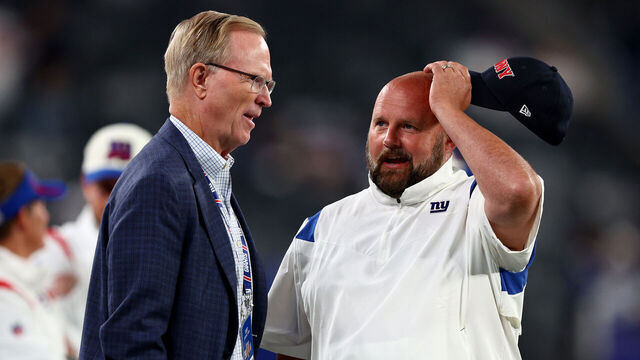 EAST RUTHERFORD, NEW JERSEY - SEPTEMBER 26: (L-R) President and CEO John K. Mara of the New York Giants talks with head coach Brian Daboll prior to the game against the Dallas Cowboys at MetLife Stadium on September 26, 2022 in East Rutherford, New Jersey.