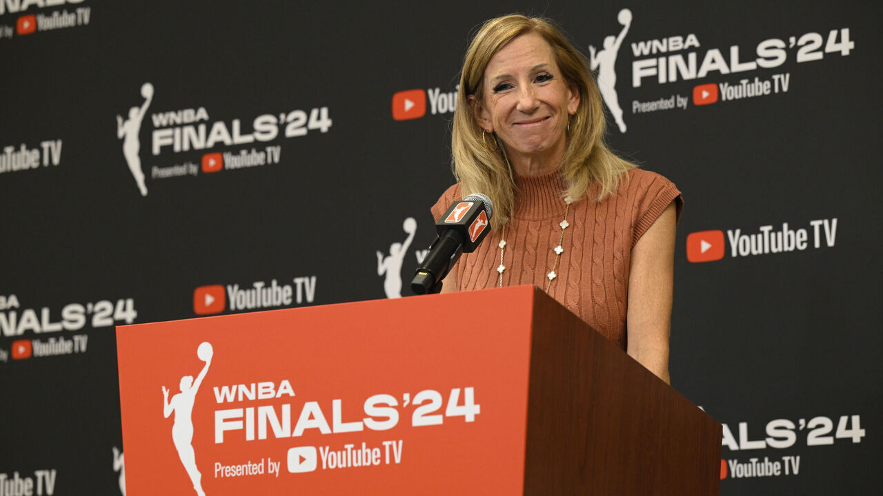 BROOKLYN, NY - OCTOBER 10: Cathy Engelbert speaks to the media before the game between the Minnesota Lynx and the New York Liberty during Game 1 of the 2024 WNBA Finals on October 10, 2024 at Barclays Center in Brooklyn, New York. Mandatory Copyright Notice: Copyright 2024 NBAE