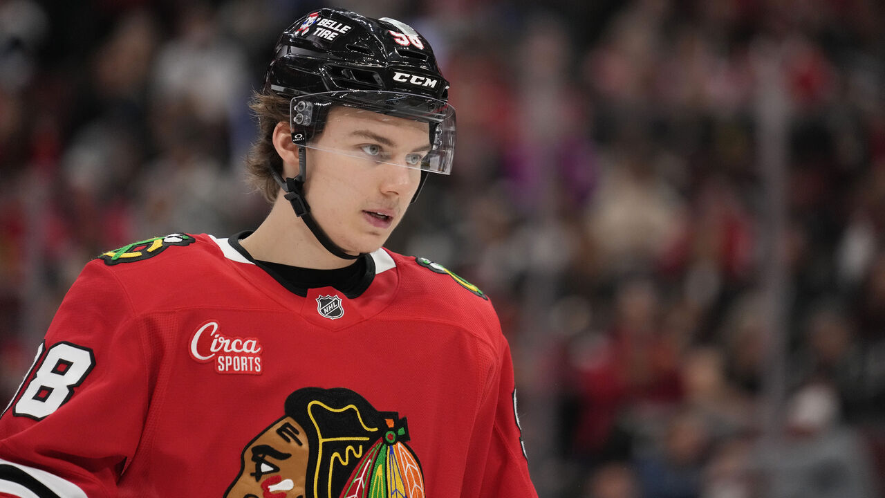 CHICAGO, ILLINOIS - OCTOBER 19: Connor Bedard #98 of the Chicago Blackhawks skates against the Buffalo Sabres during the third period at the United Center on October 19, 2024 in Chicago, Illinois.