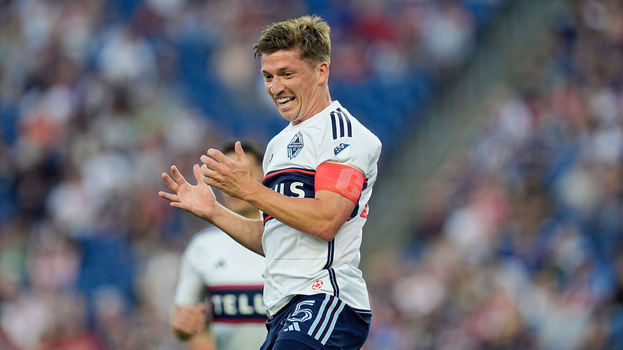 FOXBOROUGH, MASSACHUSETTS - JUNE 15: Ryan Gauld #25 of Vancouver Whitecaps FC celebrates his goal during a game between Vancouver Whitecaps FC and New England Revolution at Gillette Stadium on June 15, 2024 in Foxborough, Massachusetts.